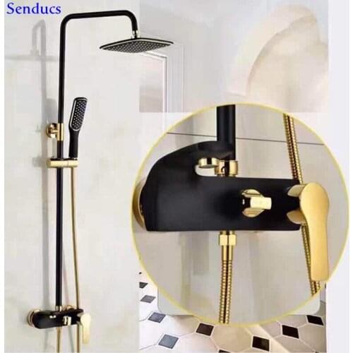 Senducs Quality brass black shower set with quality brass bathroom shower mixer tap of rain top shower black gold shower set