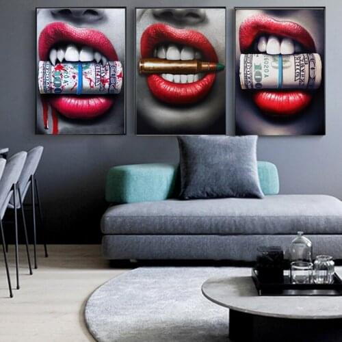 Red Lips with Money Quote Poster Print Wall Art Oil Painting on Canvas Picture Living Room Bar Idea Creative Home Decor Cuadros