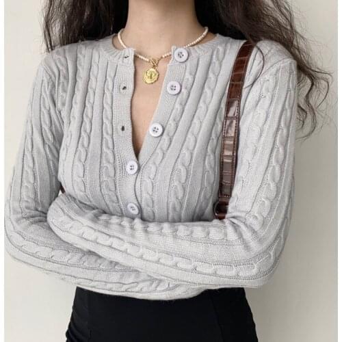 TVVOVVIN Winter Solid Color Crew Neck Knitted Sweater For Women Korean Slim Long Sleeve Top Twist Detail Cardigan M3TB