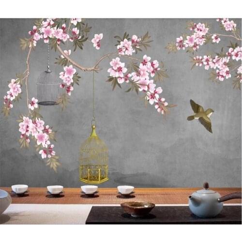 XUE SU Custom mural wallpaper Chinese style hand-painted flowers and birds retro background wall decoration painting