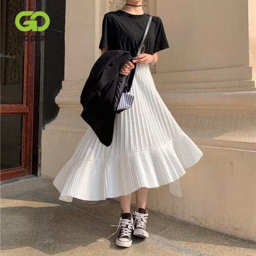 GOPLUS Skirt Sweet Pleated Skirts Korean Fashion Long Midi Black White Chiffon Asymmetrical Skirt Jupe Femme Rokjes Dames C11156
