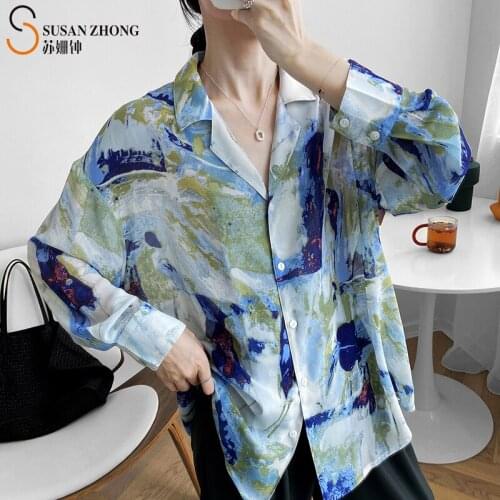 Women Shirts Female Blouses Long Sleeve Art Painting Tops Chiffon Notched Collar Straight Loose Button Elegant Koran Fashion New