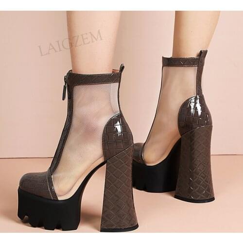 LAIGZEM SUPER Women Ankle Boots Front Zip Chunky Thick High Heels Boots Breathable Brown Black Shoes Woman Big Size 33 39 41 43