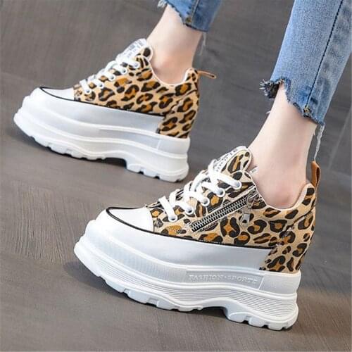 Increasing Height Fashion Sneakers Women Leopard Leather Platform Wedge Ankle Boots High Heels Party Pumps 34 35 36 37 38 39