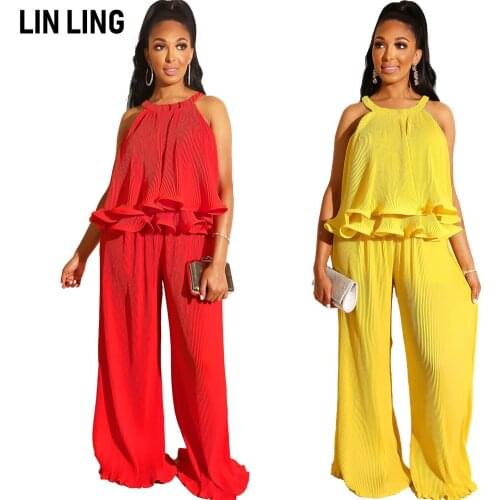 LINLING Womens Sexy Tie Crop Top Wide Leg Long Pants 2 Piece Outfits Summer Short Sleeve Ruffle Jumpsuits Set