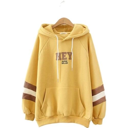 Women Casual Letters HEY Patch Embroidery Winter Fleece Plus Velvet Hooded Sweatshirts Yellow Pullovers Loose Tracksuit 2010299