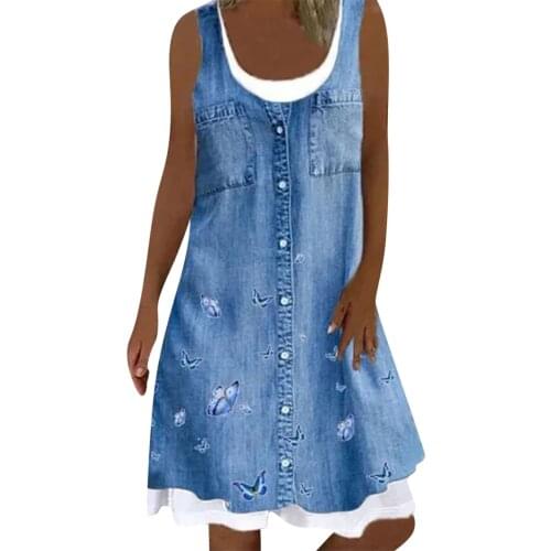 Women Floral Print Denim Jeans Dress Daily Casual Sleeveless Fake Two Pieces Bohemian O-neck Casual Loose Vestidos Robe Femme