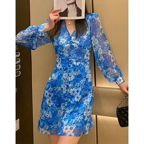 Ladies 2021ss V-neck Floral Print Lantern Sleeves Buttoned Elegant Short Dress