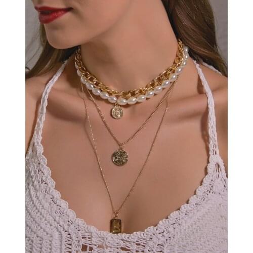 Vintage Punk Boho Style Multi Layer Pearl Choker Retro Coin pendant Necklace For Women New Fashion Long chain