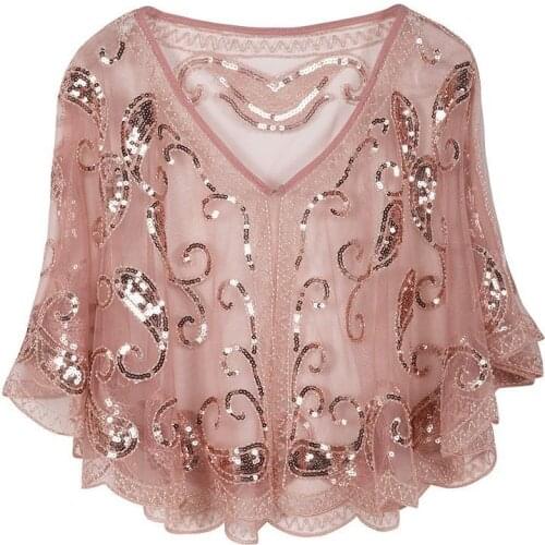 1920s Shawl Wraps Sequin Beaded Evening Cape Bridal Shawl Bolero Flapper Cover Up 7940