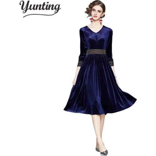 2021 Elegant Fashion Women Gold Velvet Midi Dresses Autumn Winter Casual Vintage Sexy Dresses Party Vestidos