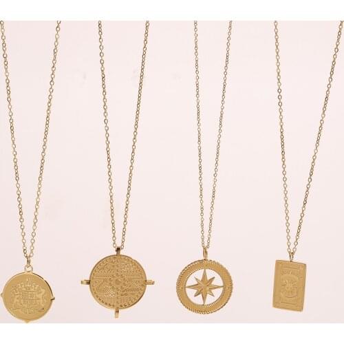 2021 Stainless Steel Gold Plated North Star Sun Lion Fortune Compass Coin Signet Pendant Necklace For Women Girl Jewelry Gift
