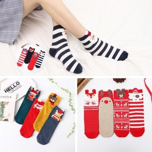 4 Pairs of Cotton Ladies Cartoon Greeting Spring Cute Elk Striped Tube Socks Three-dimensional Ears Christmas Red Short Socks