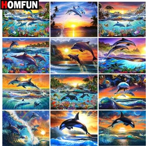 HOMFUN Diamond Painting Full Square/Round Diamond "Dolphin sea landscape" Pattern Embroidery Cross Stitch 5D Rhinestone Painting
