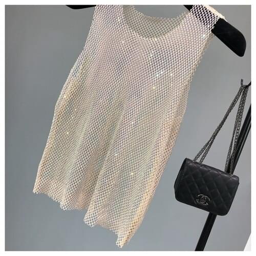 Shiny Tank Women 2021 Summer New Goddess Bright Light Diamond Hollow Hot Rhinestone Blingbling Vest Shirt Lady Crop Top