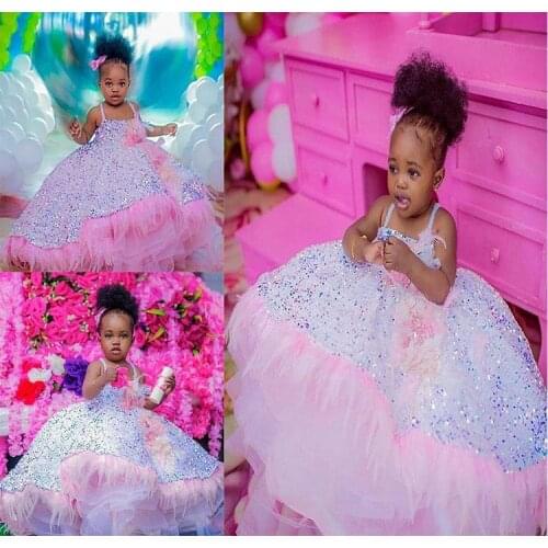 Sparkly Luxurious Toddle Flower Girl Dresses Feather Beaded Little Girl Wedding Dresses Cheap Communion Pageant Dresses Gowns