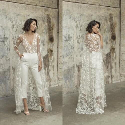 Designer Jumpsuit Beach Prom Dresses With Wrap V Neck Backless Ankle Length Bridal Outfit Lace Summer Evening Gowns