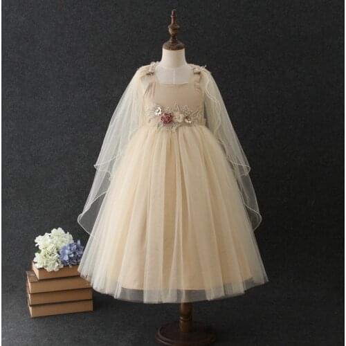 Birthday Cape Girl Dress Weddings Mesh Elegant Flower Girl Vestido 2021 Party Girls Clothes 4 6 8 10 12 14 Years Old RKF184079