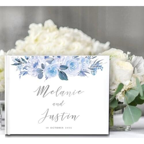 Custom Wedding Guest Book with Silver Foil Signature Guestbook Personalized Name and Date Floral Flower for Rustic Wedding Party