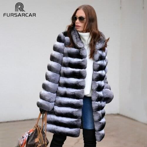 FURSARCAR Luxury Women Real Rex Rabbit Fur Coat Warm Thick Natural Rex Rabbit Fur Jacket With Fur Collar Female Winter Outwear