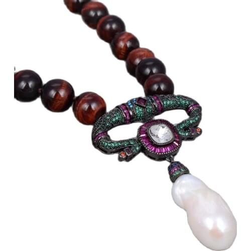 GG Jewelry 18" 12mm Brown Tigers Eye Round Necklace White Keshi Pearl Cz Pave Gunmetal Colorful CZ Pendant Necklace For Women