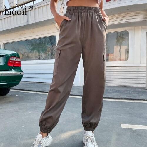 Liooil Brown Cargo Pants Summer Sweatpants Casual Capris For Women Ladies 2021 High Waist Sports Pants Streetwear Long Trousers