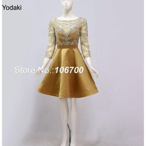 Real Photos Crystal Beading Short Prom Dresses Three Quater Sleeves Boat Neck Sheer Illusion Gold Color Party Evening Gowns 2018