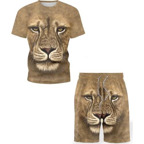 Summer new mens sports suit 3D printing lion creative style round neck T-shirt ethnic personality Harajuku mens suit