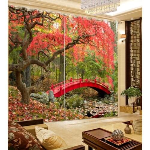 Beautiful Photo Fashion Customized 3D Curtains Maple trees Park Bridge Modern Home Decoration Living Room Curtains 3d