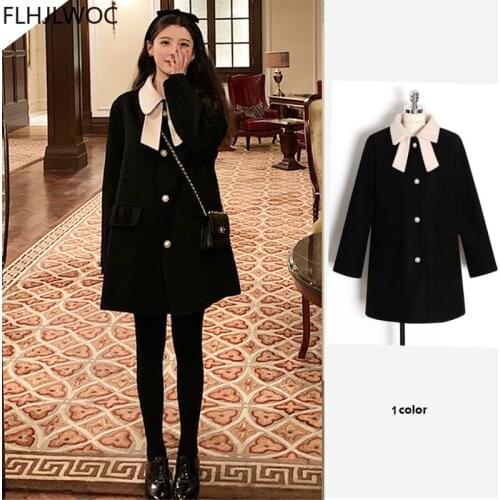 2021 New Year Date Girls Womens Warm Thick Outerwear Cute Casual Loose Little Black Bow Tie Single Breasted Button Shirt Dress