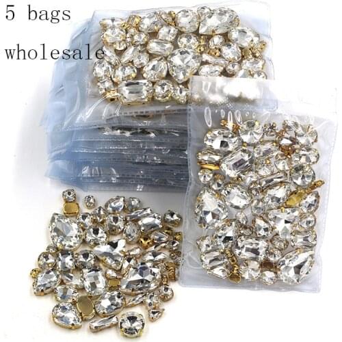 New arrival Wholesale 5 bags mixed shape sew on glass crystal White rhinestones gold base for clothing/dress