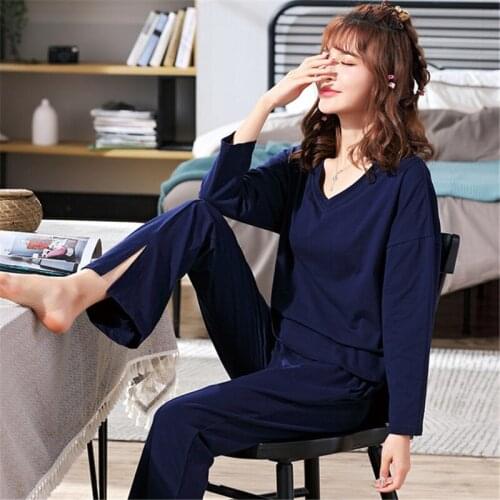 Pajamas autumn solid color sexy V-neck long-sleeve nightgown home service suit female cotton loose basic sleepwear pyjamas women