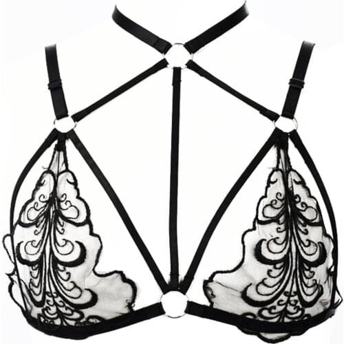 JLX.HARNESS Sexy Lingerie Women Sheer Lace Bandage Bra Lace Bralette Bustier Crop Top Body Harness Sheer Bra Adjusted Brassiere