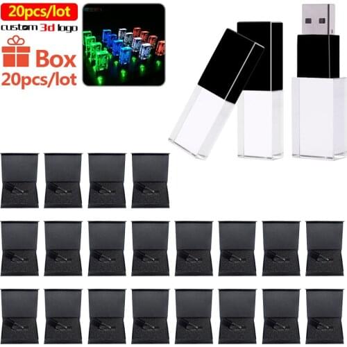 20pcs/lot Free Custom logo transparent glass with LED usb 2.0 4GB 16GB 32GB 64GB usb flash drives For photography penderive