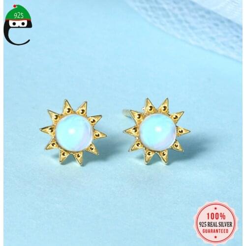 ElfoPlataSi Genuine 925 Sterling Silver Fashion Sun Flower Moonstone Stud Earring for Women Wedding Fine S925 Jewelry DA1914