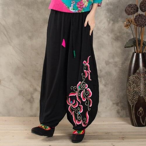 Vintage Palazzo Pants Women 2020 Ethinc Cotton Linen Trousers Floral Embroidery Trausers Black Traditional Chinese Pants FF2470