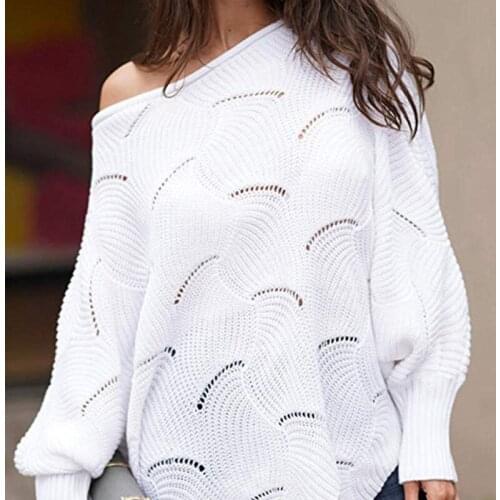 Summer Acrylic Womens Sweater Slash Neck Long Sleeve Pullover Knitted Solid Hollow Out Asymmetrical Fashion Streetwear Sweater