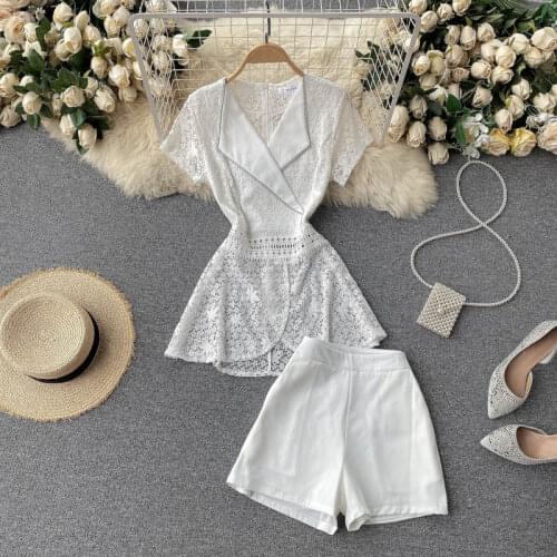 Women White Broderie Embroidery Lace Hollow Out Blouse & Shorts Sets Casual Women Office Ladies Shorts Sets 2021 Summer New