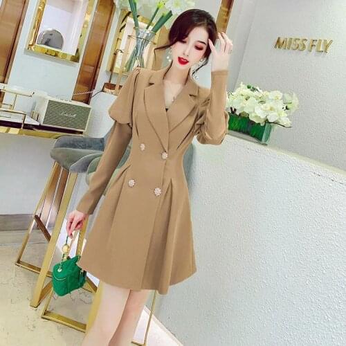 Elegant Dresses For Female Notched Lapel Collar Puff Long Sleeve Office Lady Slim Blazer Womens Dress 2020 Fashion Clothing