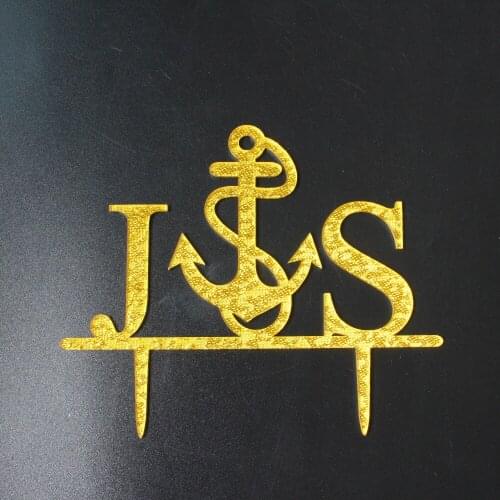 Custom Couple Name Initials Cake Topper with Anchor Mirror Acrylic Glitter Gold Wedding Cake Topper Wedding Decor