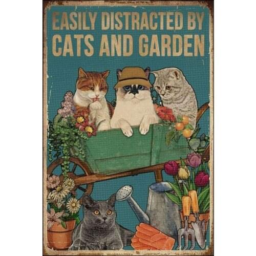 Easily Distracted by Cats and Garden Retro Metal Tin Sign Vintage Aluminum Sign for Home Coffee Wall Decor 20x30 Inch