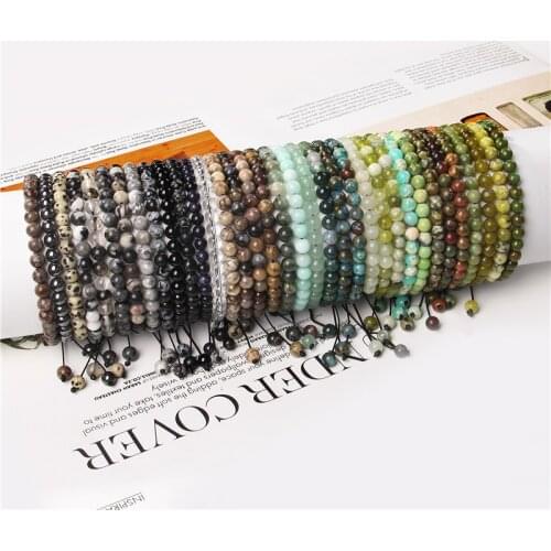 Men Bracelets Adjustable 6 mm Natural Green Jad Amazonite Black Labraodirte Stone Beads Bracelet Women Black Rope Vintage Bangle