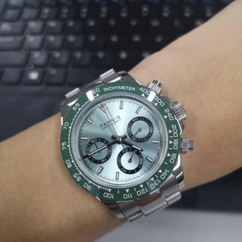 New 2019 Parnis 39mm Quartz Men Watches Chronograph Green Bezel Green Dial Sapphire Crystal Luminous Mens Wrist Watch Top Brand