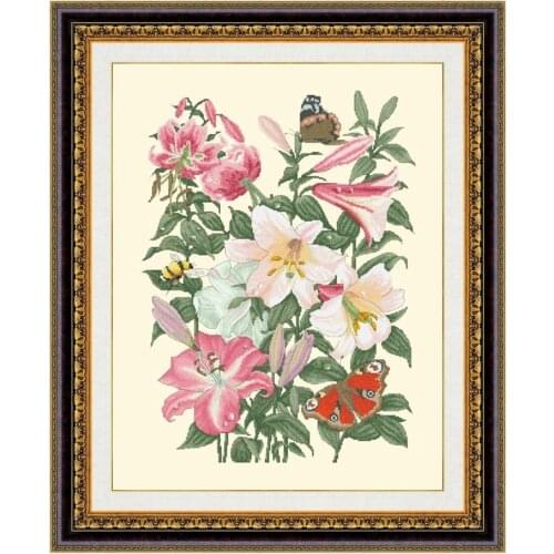 Lilies and butterfly cross stitch kits flowers pattern design 18ct 14ct 11ct light yellow canvas embroidery DIY needlework