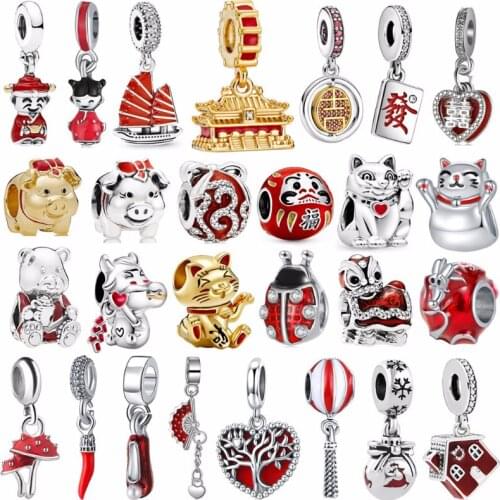 New Chinese New Year Red Bag Lantern Mouse Koi Fit Original Pandora Charm Bracelet Women Jewelry Making Gifts