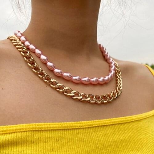 Thick Chain Choker Necklace Womens Gold Silver Color Pink White Pearl Necklace Fashion Punk Necklaces For Women Jewelry Gift