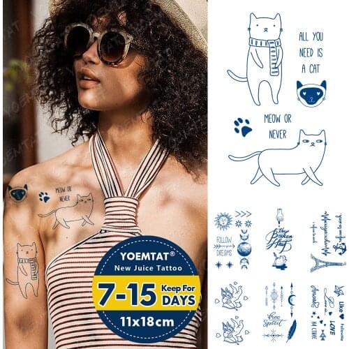 Juice Ink Tattoos Body Art Lasting Waterproof Temporary Tattoo Sticker Cute Animal Cat Tatoo Arm Fake Arrow English Text Tatto