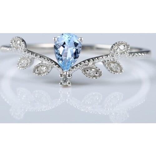 Vintage Solid 10k White Gold 5x7mm Pear Blue Topaz Natural Diamonds Wedding Ring Engagement Anniversary Ring Fine Jewelry