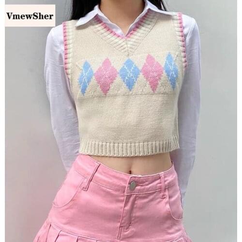 VmewSher New Vintage Plaid Sweater Vest Short Women V-neck Sleeveless Tank Preppy Style Argyle Knitted Pullover Spring Crop Top