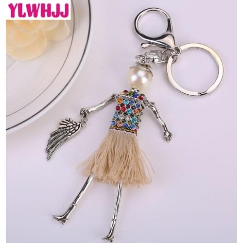 YLWHJJ brand 2017 new women cute rhinestones bag doll tassel keychain car girl key chains pendant metal baby hot fashion jewelry